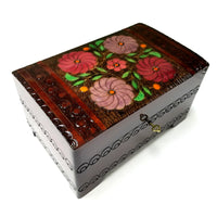 XXL Polish Folk Floral Wooden Box with Brass Inlays, Compartments and Key, 10.5