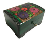 Polish Folk Floral Wooden Box with Brass Inlays and Key, 7"x 5.5"