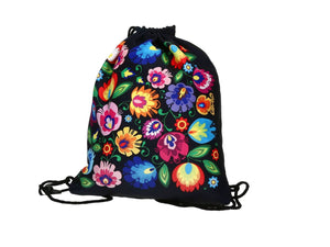 Polish Folk Art Floral Drawstring Sport Backpack, Lowicz Black